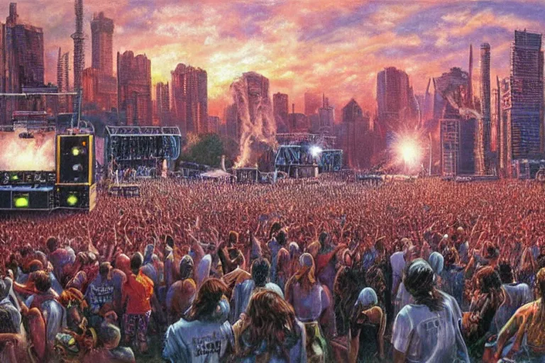 Image similar to 4 k hyper realistic oil painting of 1 9 8 0 s city at a music festival, huge stage and a big speaker array in the sky booming heavy metal music, a band of heavy metal playing on stage, detailed painting in the style of axel aabrink