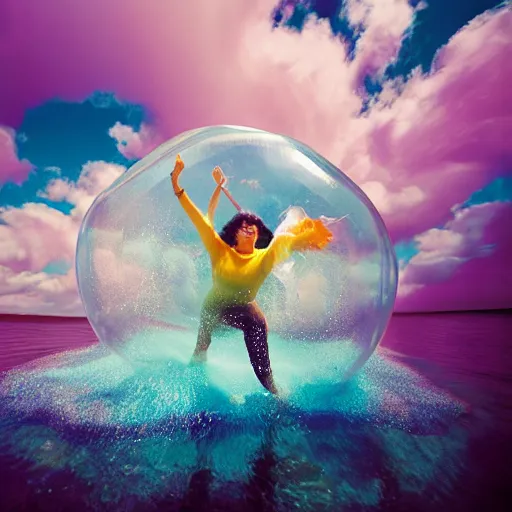 Prompt: film photography of women in a zorb ball floating in front of colourful underwater clouds by Kim Keever, low shutter speed, 35mm