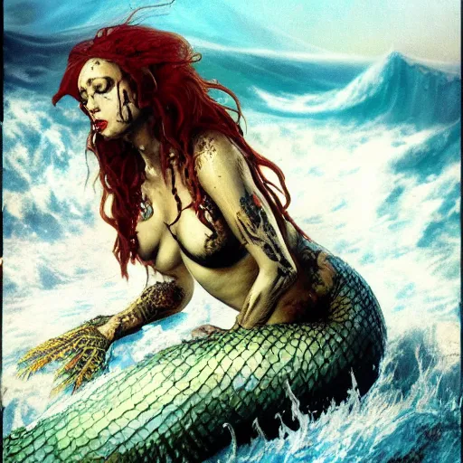 Image similar to a sad mermaid smothered in motor oil and thrash, ultra realistic, concept art, intricate details, highly detailed, photorealistic, octane render, 8 k, unreal engine, art by frank frazetta, simon bisley, brom