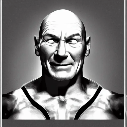 Image similar to a picture of the body of hulk hogan with the head of patrick stewart, sharp focus, vector, 4 k, by victor mapplethorpe