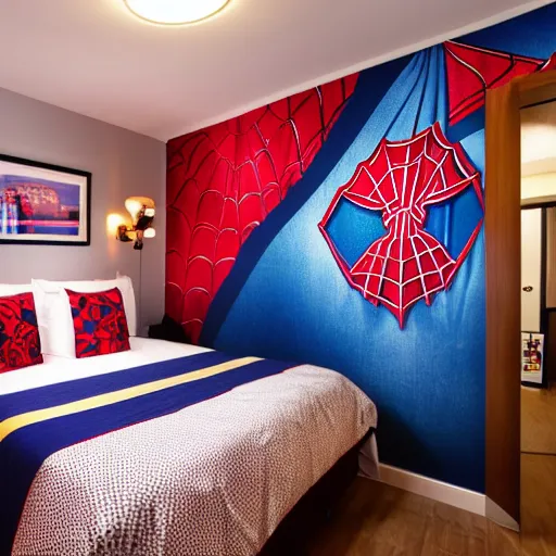 Image similar to designer photography of hotel room themed to spider - man motif. bed has spider - man blankets. wall has spider - man pattern. furniture has spider - man motif. furniture is shaped like spider - man furniture. carpet has spider - man motif. lighting has spider - man film shapes