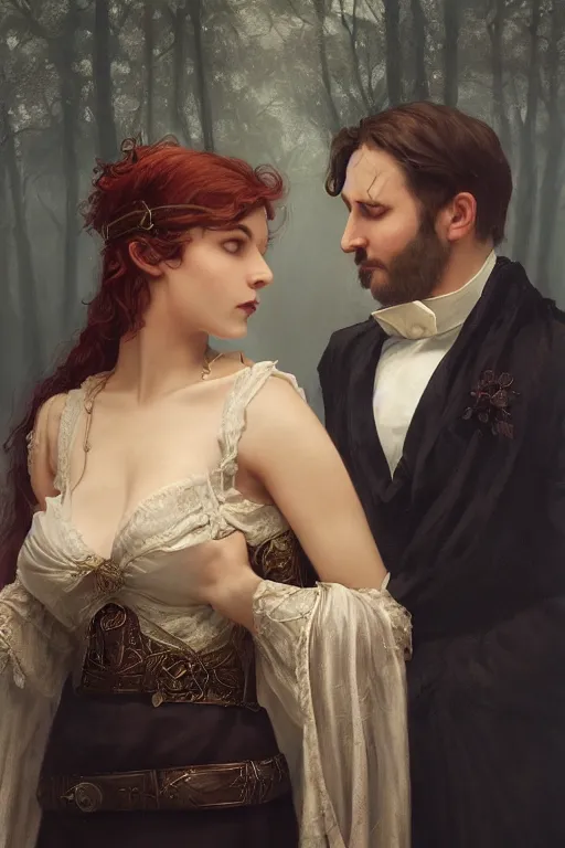 Image similar to a portrait of handsome young evil male Satan and his elegant beautiful wife, bored, illustration, dramatic lighting, soft details, painting oil on canvas, art nouveau, octane render, HDR, 4k, 8k, HD, by Edmund Blair Leighton, Brom, Charlie Bowater, trending on artstation, faces by Tom Bagshaw, Sargent