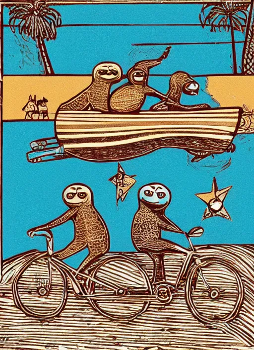 Prompt: a couple of sloths riding a bike with a surfboard, a woodcut by tim biskup, behance contest winner, folk art, woodcut, egyptian art, picasso, a screenprint by tom bonson, behance, folk art, whimsical, stipple, storybook illustration