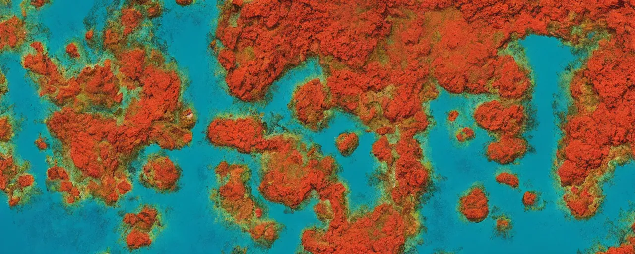 Image similar to panoramic view of an island on an alien planet, bold warm colours, cartographic