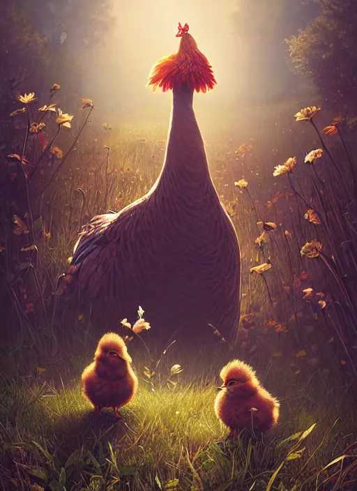 Image similar to a hen and her two chicks on a meadow, happy movie poster by nuri iyem, james gurney, james jean, greg rutkowski, anato finnstark. pixar. hyper detailed, 5 0 mm, award winning photography, perfect faces