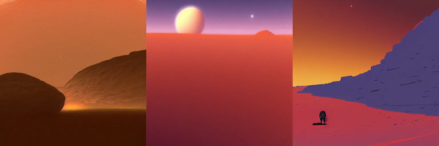 Prompt: surface of mars in the style of john harris and kilian eng by moebius, atmospheric, cinematic