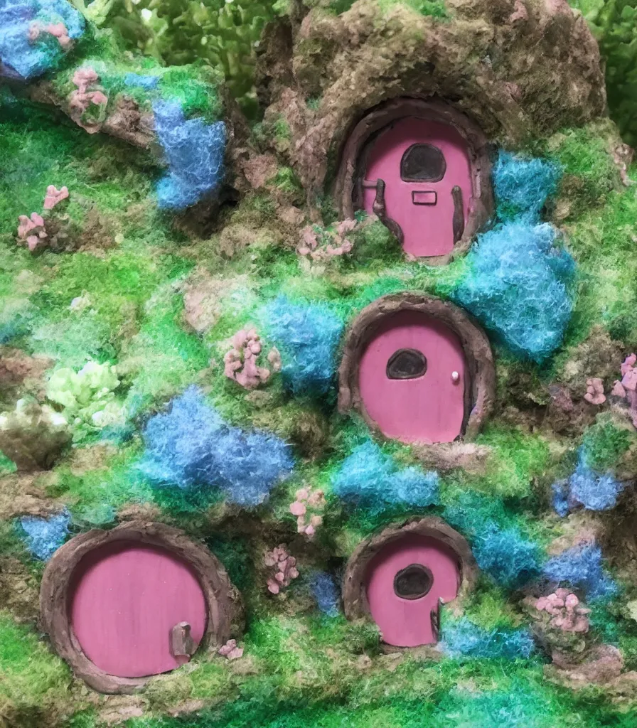 Prompt: a small pink and blue studio ghibli hobbit house, minimal details, realistic windows, 3 5 mm photography