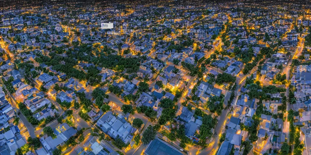 Image similar to Night view of suburb streets and residential apartment buildings in the distance. 3d spherical panorama with 360 viewing angle ready for virtual reality or vr. full equirectangular projection. low angle eye level view