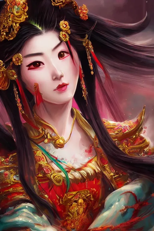 Prompt: diao chan from romance of three kingdoms in the paintetly style of WLOP, artgerm, brush stroke oil painting, imagine fx, artstation