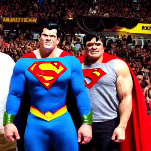 Image similar to supermen and hulk at WWE