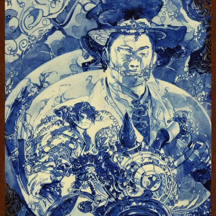 Image similar to a close - up portrait of an ornate blue and white porcelain figure made out of white vitrified translucent ceramic ; china. reflective detailed textures. gloomy black background. highly detailed fantasy science fiction painting by moebius, norman rockwell, frank frazetta, and syd mead. rich colors, high contrast. artstation