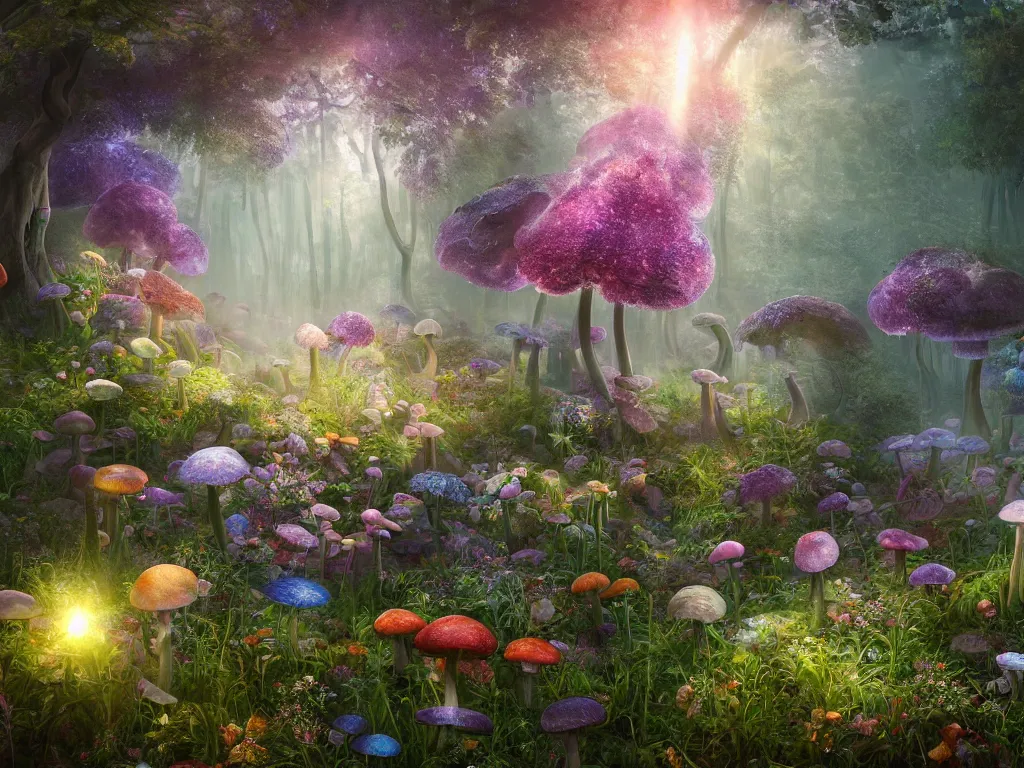 Prompt: 3d render of opalescent iridescent wildflowers in enchanted mushroom forest, Sunlight Study, by Jan Davidsz de Heem and ((((((Lisa Frank)))))), misty morning, Art Nouveau, 8k, extreme detail, sharp focus, octane render