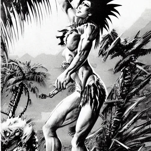 Image similar to Muscular 23-year-old girl wearing barbarian caveman pelt, cavewoman, pelt, battle scars, scars, electrified hair, wild spiky black Saiyan hair, primeval jungle, palm trees, ruined buildings, 1987 pulp art, illustration by Frank Frazetta, hyper-detailed, ultra-detailed