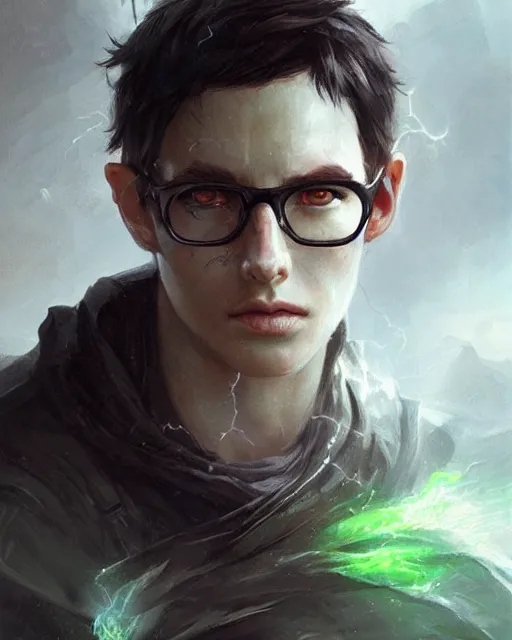 Prompt: boy thin face, black hair, and green eyes. wearing round glasses, lightning bolt scar on forehead, hyper realistic face, beautiful eyes, fantasy art, in the style of greg rutkowski, intricate, hyper detailed, smooth