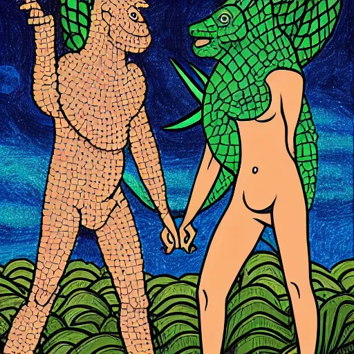 Prompt: adam and eve bigger than godzilla, apotheon art style, smooth painting, each individual seeds have ultra high detailed, 4 k, illustration, comical, acrylic paint style, pencil style, torn cosmo magazine style, pop art style, ultra realistic, underrated, by mike swiderek, jorge lacera, ben lo, tyler west