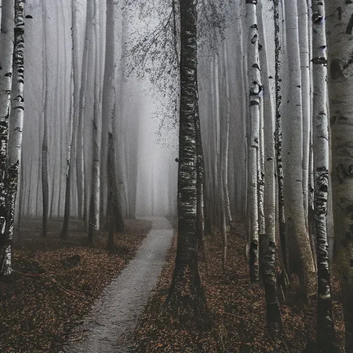 Prompt: dark liminal forest, dirt path, tall birch trees, foggy, highly realistic, 5 mm canon lens, 4 k,