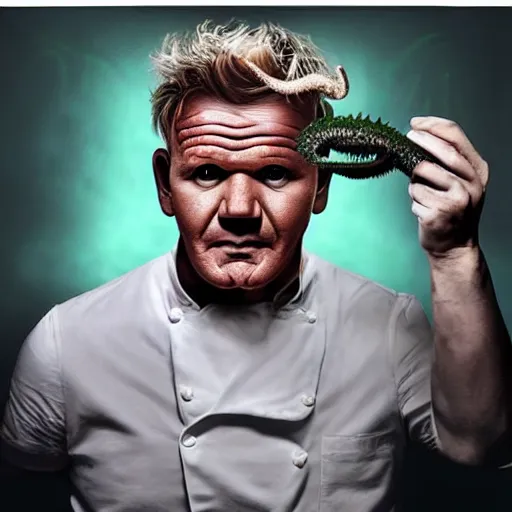 Image similar to gordon ramsay turning into a horrible horrific cthulu lovecraftian monster in the style of greg rutkowski