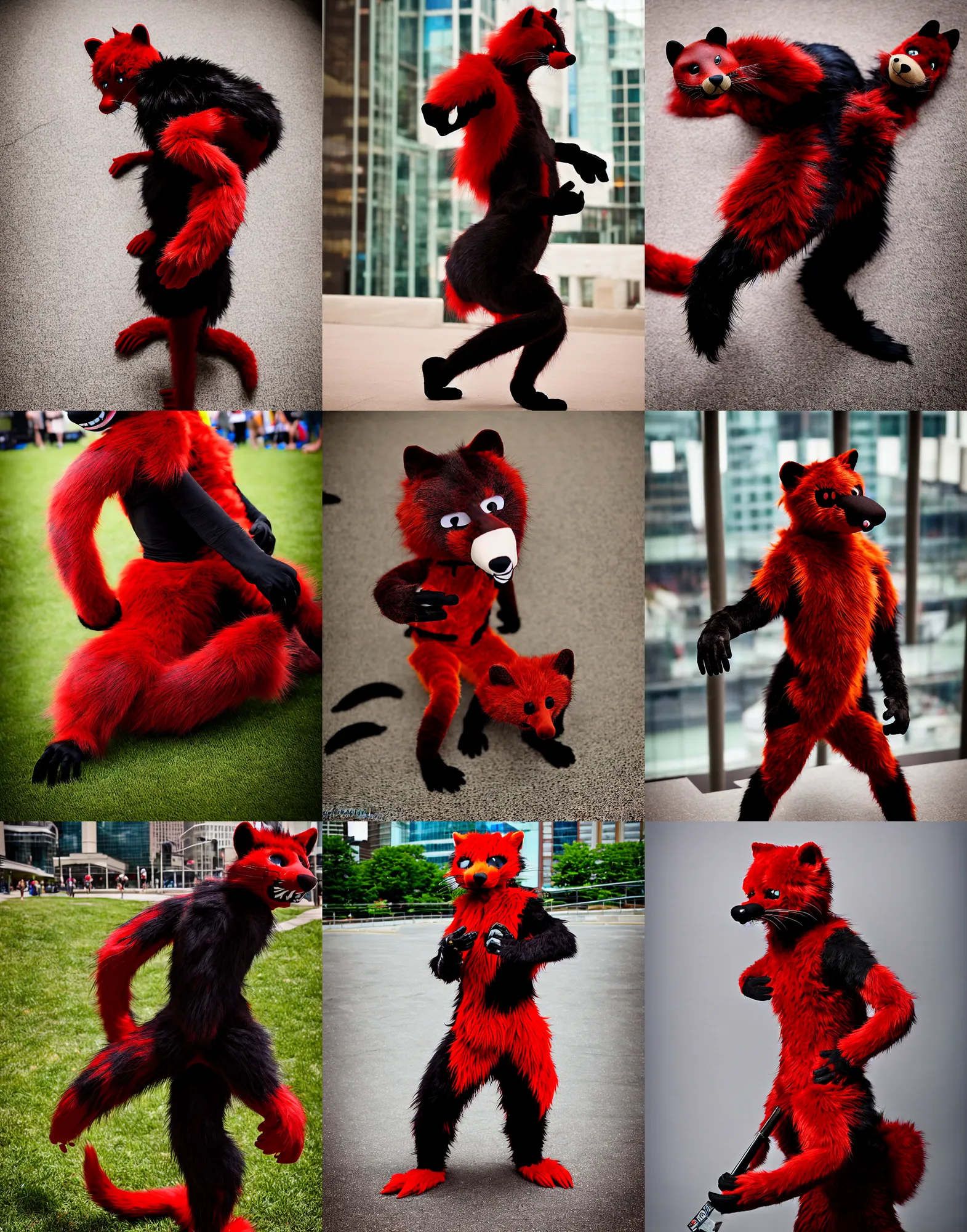 Image similar to fullbody photoshoot photo portrait of a roguish male red - black furred weasel furry fursuiter ( tail attached ), taken at anthrocon ( furry convention )