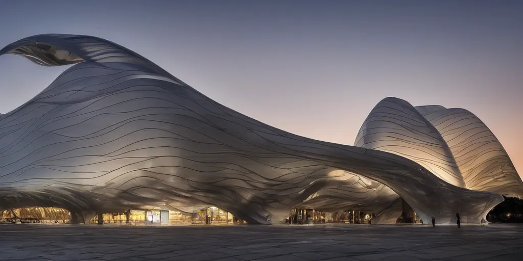 Image similar to extremely elegant smooth detailed stunning sophisticated beautiful elegant futuristic museum exterior by Zaha Hadid, Milan buildings in the background, smooth curvilinear design, stunning volumetric light, stainless steal, concrete, translucent material, beautiful sunset, tail lights