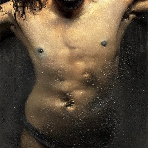 Prompt: man stuck in liquid black asphalt, struggling to get out, painful facial expression, digital painting by Gaston Bussiere, photorealistic