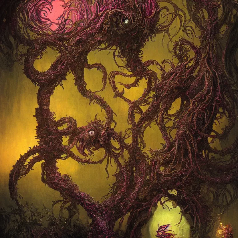 Prompt: a close - up view portrait of a silhouetted plant monster meditating with iridescent glow - fi baroque neoclassicist halls. detailed textures. glowing colourful fog, dark black background. highly detailed fantasy fiction painting by moebius, norman rockwell, frank frazetta, and syd mead. rich colors, high contrast. artstation