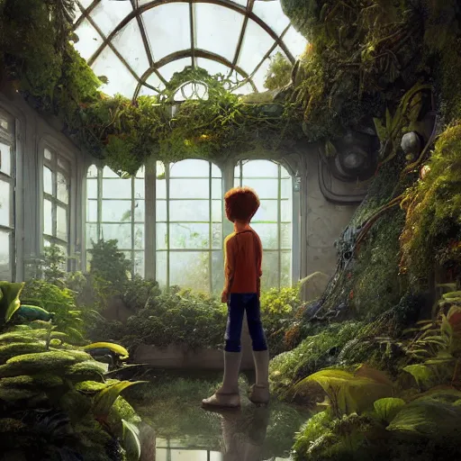 Prompt: , boy with grandma in scifi green house, spaceship, plants, stephen bliss, misty, unreal engine, fantasy art by greg rutkowski, loish, ferdinand knab, and lois van rossdraws, global illumination, radiant light, minimalist, detailed and intricate environment