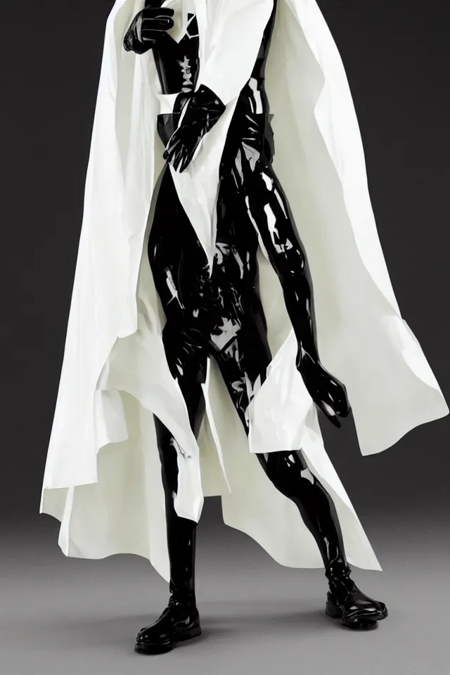 Prompt: a pale white man in a black latex acronym cape, in the style of mike dringenberg and ashley wood