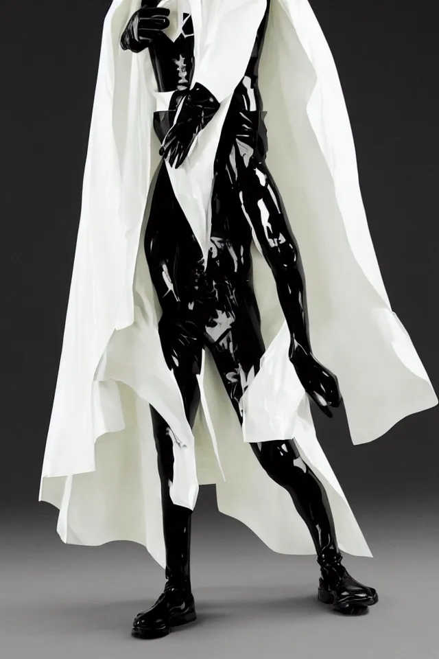 Image similar to a pale white man in a black latex acronym cape, in the style of mike dringenberg and ashley wood