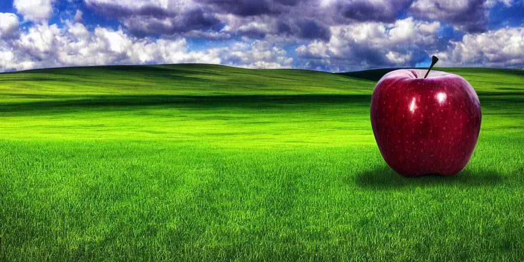 Prompt: very giant apple sitting in windows xp background, hdr, hdr