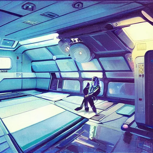 Prompt: Cozy interior of a space station in space, teal lighting, cozy lighting, space seen outside from a window, by Syd Mead, John Harris, Federico Pelat