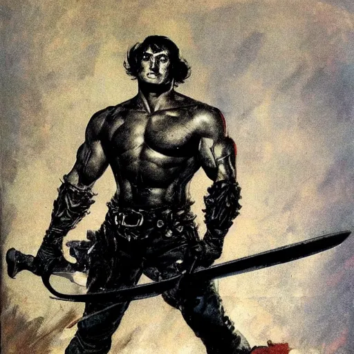 Prompt: into glory ride, artwork by Frank Frazetta, motorcycle, muscular warrior holding sword