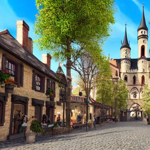 Prompt: main street of medieval themed park, cobblestone streets with medieval buildings leading to a castle, photorealistic 8k