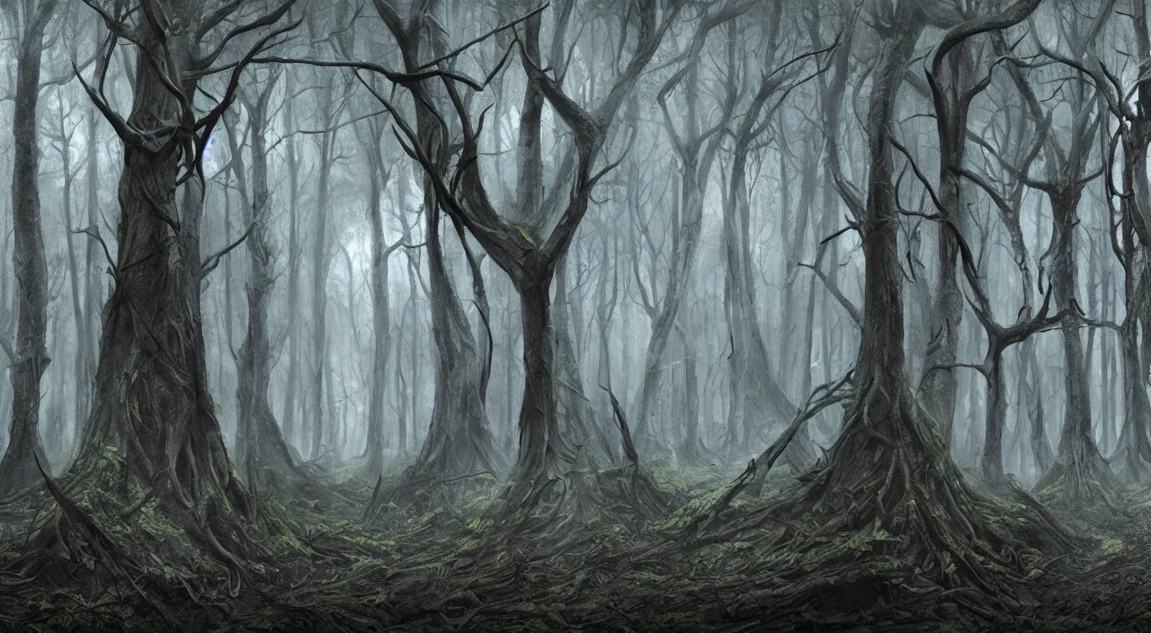 Prompt: forest designed by h. r. giger, purplelighting, sinister, haunting, fantasy, highly detailed, digital matte painting, artstation, concept art, sharp focus, illustration