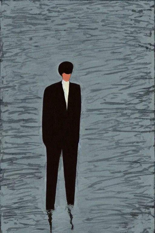 Image similar to man standing by a river, 1960’s minimalist advertising illustration, painterly, expressive brush strokes