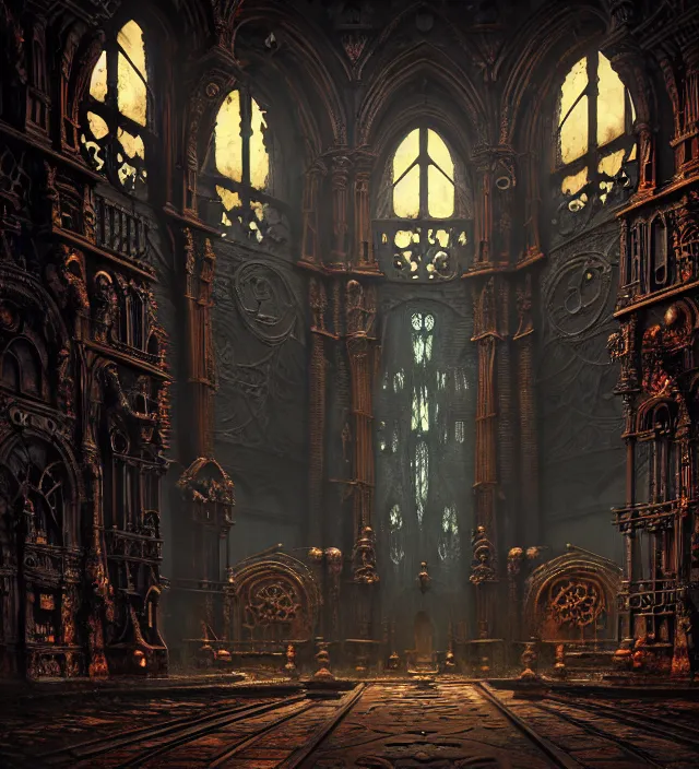 Image similar to steam necropolis, memento mori, gothic, neo - gothic, art nouveau, hyperdetailed copper patina medieval icon, stefan morrell, philippe druillet, ralph mcquarrie, concept art, steampunk, unreal engine, detailed intricate environment, octane render, moody atmospherics, volumetric lighting, ultrasharp, ominous, otherworldly