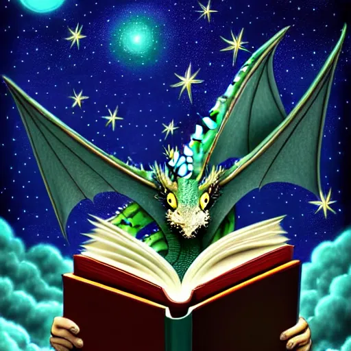 Image similar to dragon reading a book underneath the stars, digital art, beautiful, detailed, vivid