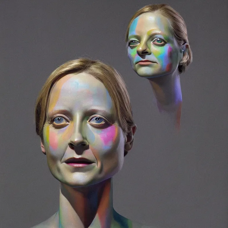 Image similar to studio photograph of colorful postmodern portrait sculpture of jodie foster, beautiful symmetrical!! face accurate face detailed face realistic proportions, made of spray - painted beeswax on a pedestal by ron mueck and matthew barney and greg rutkowski, hyperrealism cinematic lighting shocking detail 8 k