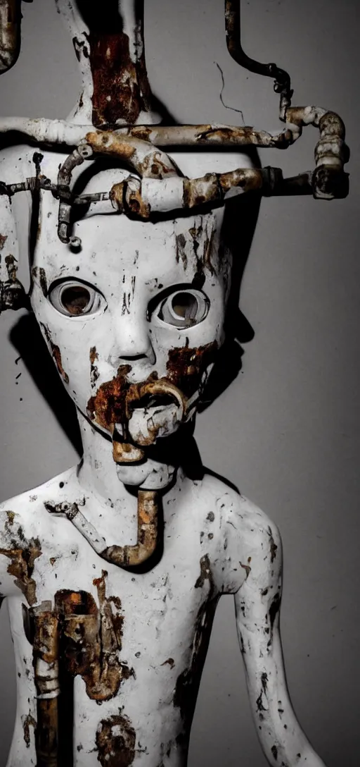 Image similar to creepy white mannequin with black tendrils and rusty pipes, body horror, face, human body, human face, scary, horror, dark, industrial,