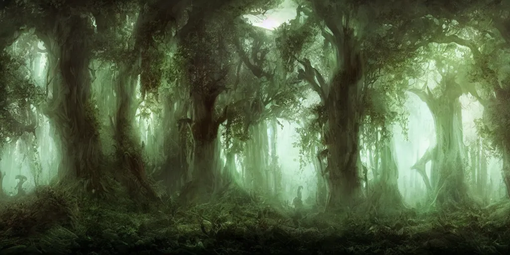 Image similar to beautiful matte painting of a fantasy dark forest