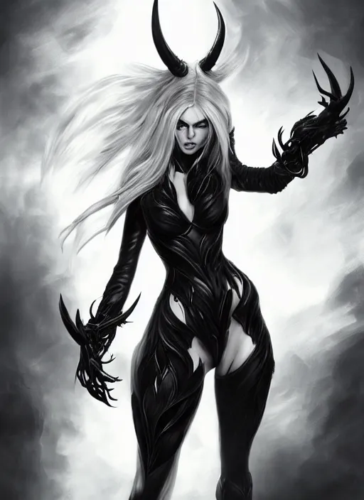 Prompt: a highly detailed illustration of fierce beautiful long white haired horned demon woman wearing black battle dress, dramatic power pose, perfect face, perfect body, intricate, elegant, highly detailed, centered, digital painting, artstation, concept art, smooth, sharp focus, league of legends concept art, wlop.