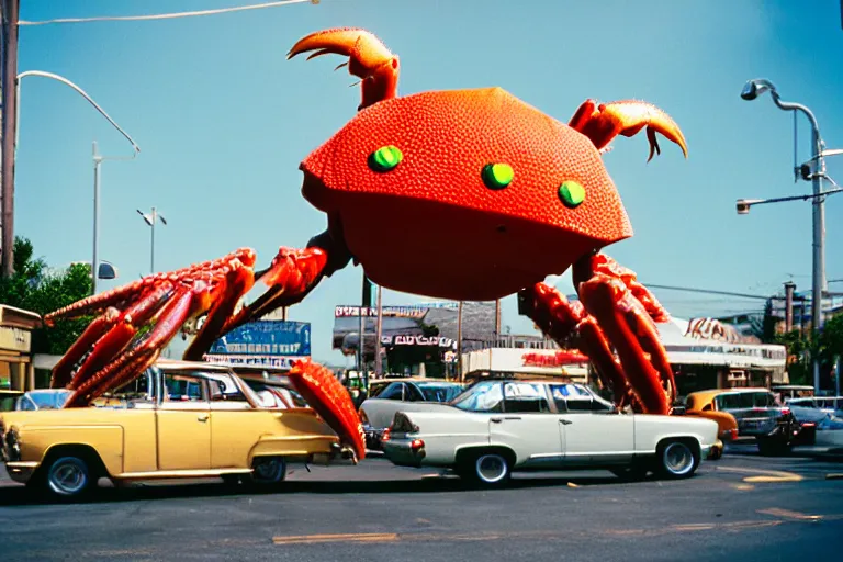 Image similar to 2 0 1 5 cute giant crab terrorizing a city, googie city, americana, fishcore, exterior photography, hd 8 k, photography cinestill