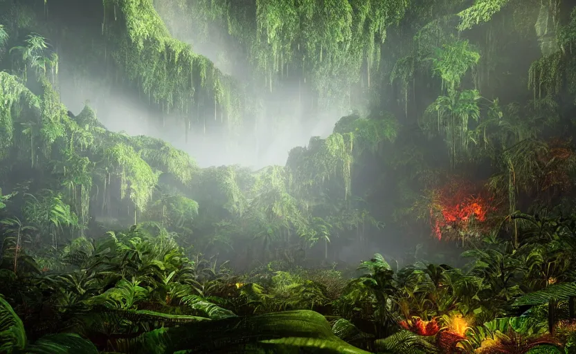 Image similar to a beautiful render of a dark prehistoric rainforest in a humongous cave, lush flora, patches of yellowish - red - magenta sky, sunset lighting, fireflies, floating mountains and a waterfall in the background, intricate detail, hazy, humid, volumetric lighting, god rays, 8 k, photorealistic, raytracing effects, unreal engine 5