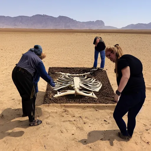 Prompt: Humans finding a skeleton of an unknown species at the desert