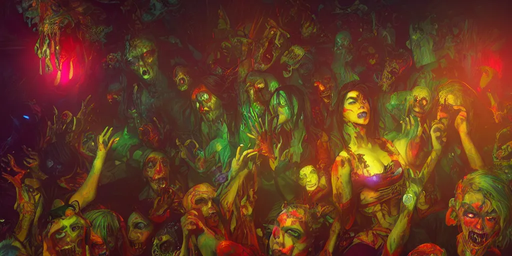 Prompt: a zombie disco party, vivid colors, extremely detailed digital painting, mystical colors, rim light, beautiful lighting, 8 k, stunning scene, raytracing, octane, trending on artstation, art by artgerm and greg rutkowski and alphonse mucha and loish and wlop