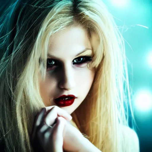 Prompt: A blonde female vampire poses for the camera, portrait, intricate, epic lighting, cinematic composition, 4k resolution, stylized