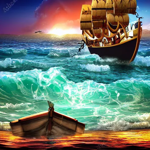 Prompt: Pirate boat sailing in a chaotic sea, photorealistic