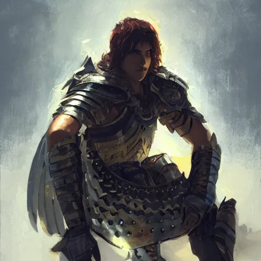 Image similar to 'A human male paladin in chainmail is resting on 1 knee, art by Greg Rutkowski, 4k'