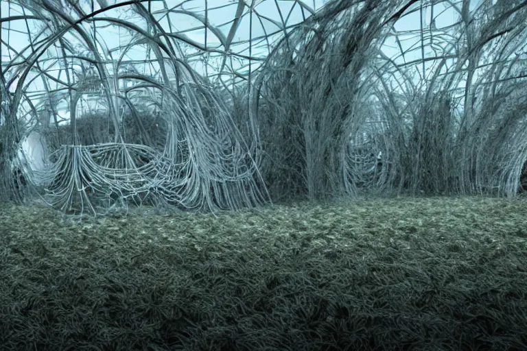 Image similar to tarkovsky stalker greatest scene, refik anadol led screen render, interior neo futuristic ultra white and clean mycelium architecture, stranded natural hemp ropes, biennale architecture installation, bioremediation, + unreal engine 5 + realistic render
