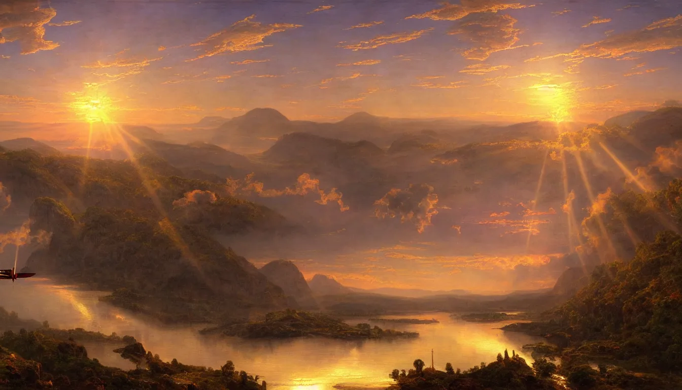 Image similar to a steam powered flying boat flies above a river valley at sunset, matte painting by frederic edwin church, golden hour, nature, fantasy art, trending on artstation, deviantart, behance, highly detailed, rule of thirds, crepuscular rays, steampunk