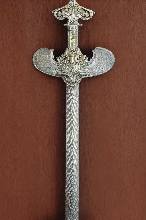 Prompt: sword of justice hanging on a wall, ornate gem in pommel, engraved blade, herringbone floor